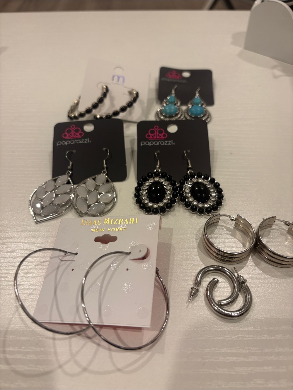 New 7 Silver Black Beaded, Blue Stone Clear,Black Hoop Drop Earrings Bundle